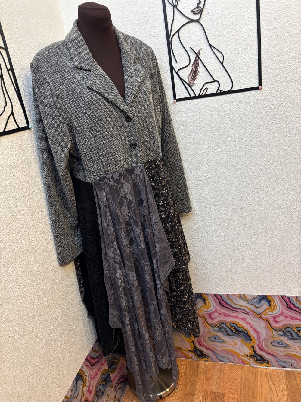 Vintage Studio C Up-Cycled Fashion Mixed-Media Gray Lace Dress Coat Size XL